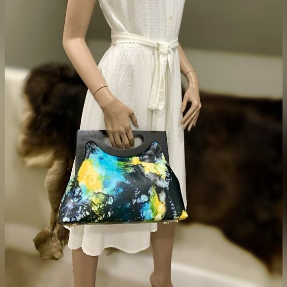 Unique Cowhide Leather Tie-dye Print Handmade Wooden Frame Top Handle Bag - Picture 7 of 16